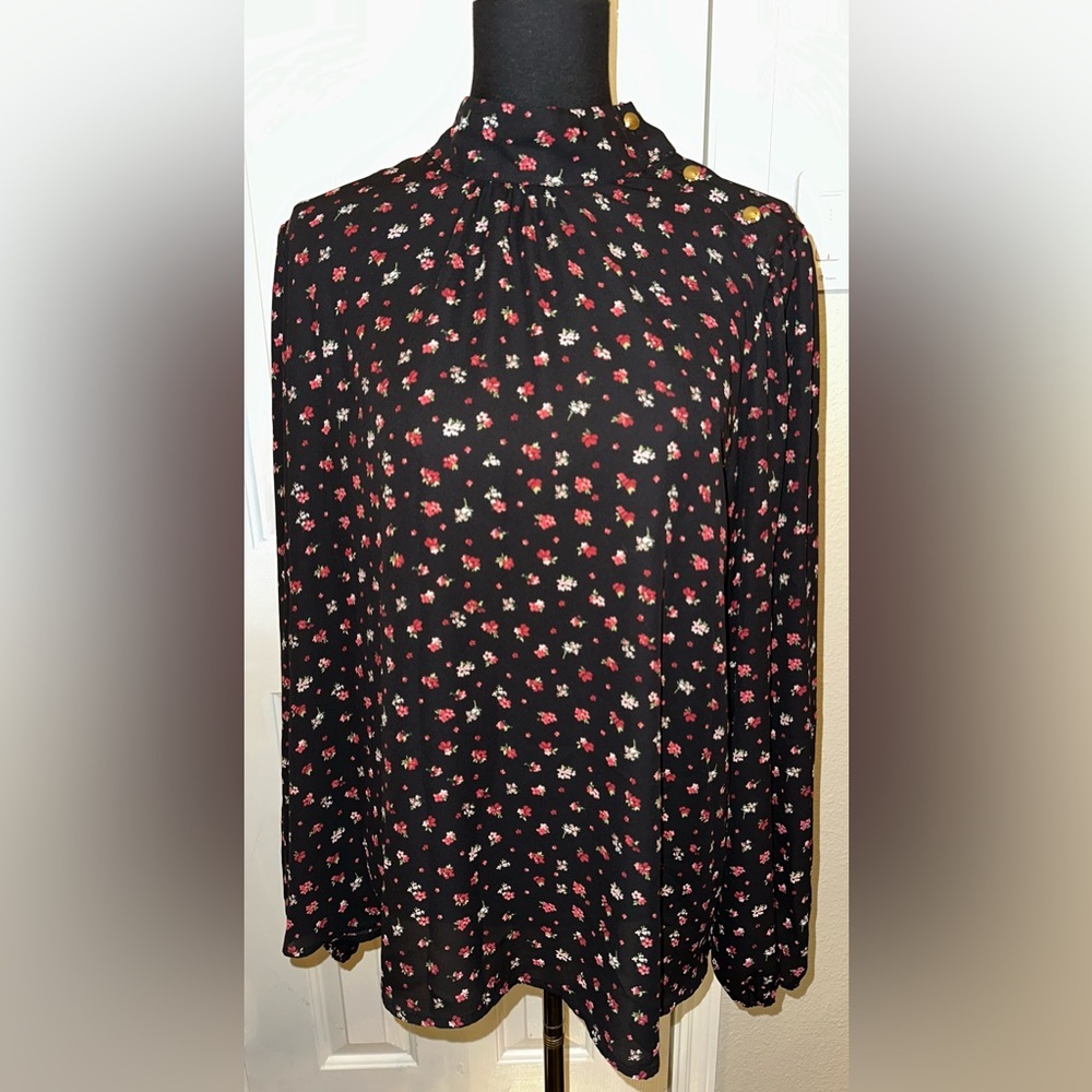 Zac & Rachel Floral Mock Neck Blouse XL Gold Button Shoulder Long Sleeve